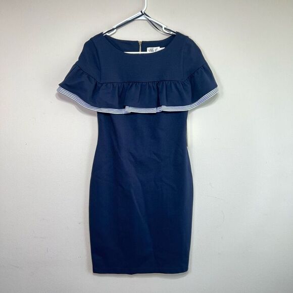 Eliza J Navy Blue Ruffle Form Fitting Cocktail Dress 6 NEW - Picture 1 of 10